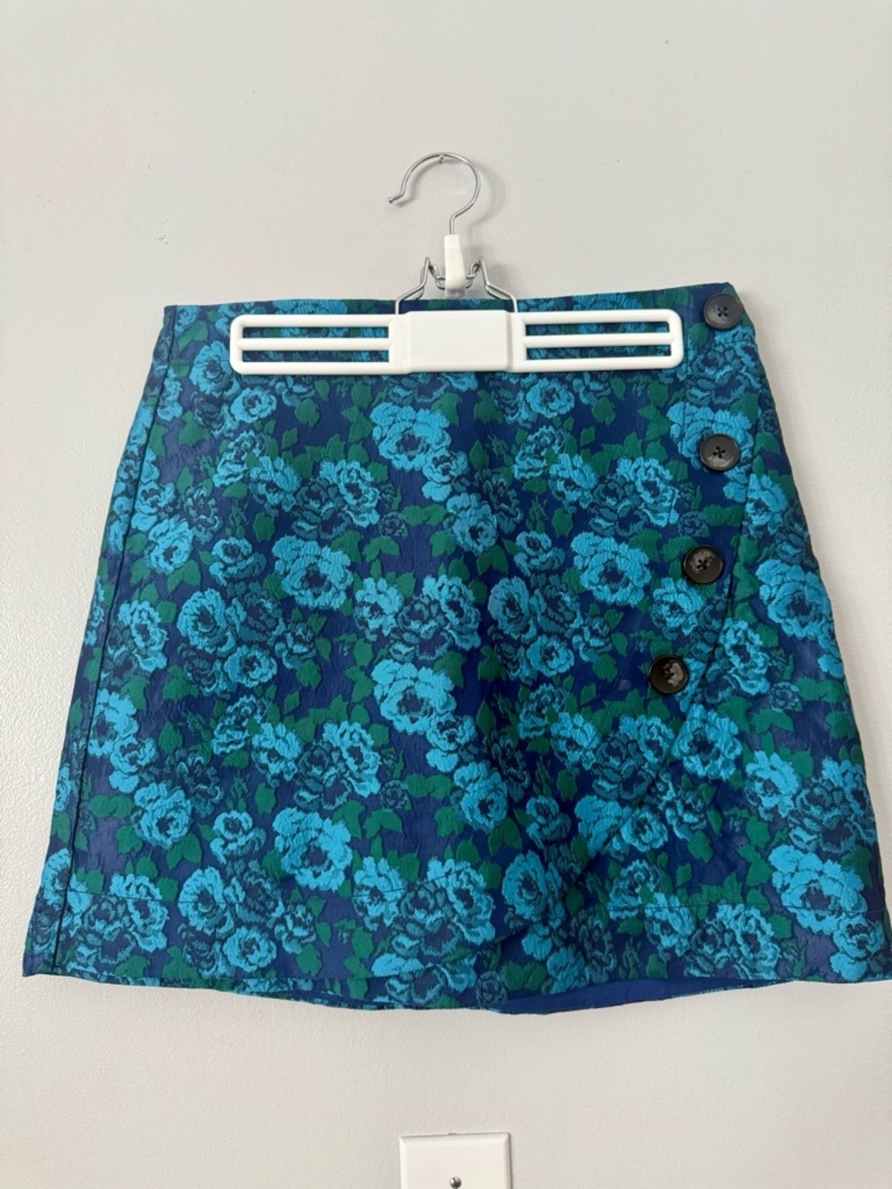 Maeve Anthropologie Blue Green Floral Brocade Mini Skirt Button Side
